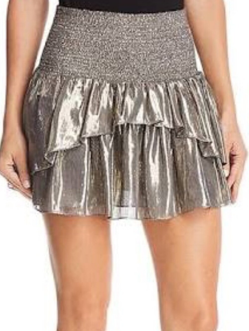 Ramy Brook Eva Smocked Metallic Ruffle Mini Skirt Size Large